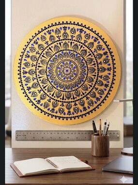Hand Painted Mandala Wall Art Gold & Blue Dot Mandala with Rhinestones . 25 cm